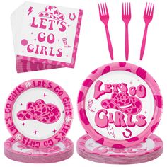 pink party supplies including plates, forks and napkins with let's go girls design