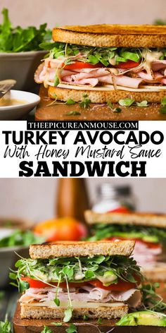 turkey avocado sandwich with honey mustard ranch sauce and lettuce on toasted bread