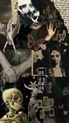 a collage of images with different types of art on them, including an image of a skeleton