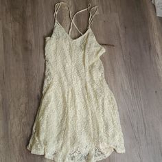 Ivory Lace American Eagle Dress Casual Cream Lace Mini Dress, Casual Cream Lace Dress, Beige Lace Mini Dress For Day Out, Summer Cream Mini Lace Dress, Spring Cream Lined Dress, Cream Lace Sundress, Cream Lace Dress For Spring, Spring Cream Lace Dress For Brunch, Cream Lace Dress For Spring Brunch