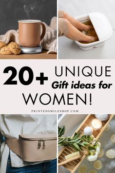 the words unique gift ideas for women on top of pictures and photos of coffee cups, cookies