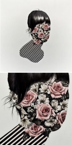 two pictures with different hair styles and flowers on them