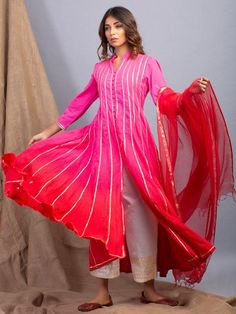 Designer Pink Palazzo Set With Bandhani Print, Designer Wear Pink Palazzo Set With Bandhani Print, Fitted Anarkali Palazzo Set With Bandhani Print, Traditional Drape Palazzo Set With Bandhani Print In Pink, Pink Anarkali Set With Bandhani Print Straight Kurta, Long Kurta With Sheer Dupatta For Navratri, Multicolor Straight Kurta Dress With Gota Work, Unstitched Pink Churidar With Bandhani Print, Pink Cotton Anarkali Set With Dori Work