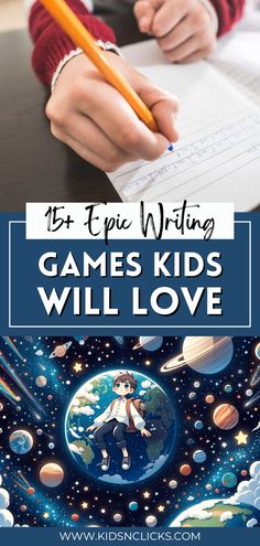 kids writing games with space and planets in the background