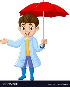 a boy holding an umbrella in his hand and pointing to the right with both hands