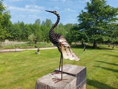 a metal bird sculpture sitting on top of a wooden stump in the grass next to a park