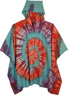 A relaxed fit hippie tie-dye poncho with a hoodie for a cool look in every season and delivers casual laid back style.  This lightweight hoodie can be worn on festivals and night outs with jeans or shorts. #tlb #Sleeveless #TieDye #hoodedponcho #tiedyeponcho #longponchointiedye #tiedyefestivalhoodie #hippiegiftidea Casual Cotton Poncho With Relaxed Fit, Casual Poncho For Spring Loungewear, Casual Spring Poncho For Loungewear, Casual Multicolor Cotton Poncho, Casual Oversized Multicolor Poncho, Casual Hooded Poncho For Summer, Casual Cotton Poncho For Festivals, Casual Hooded Poncho For Festival, Casual Cotton Hooded Poncho