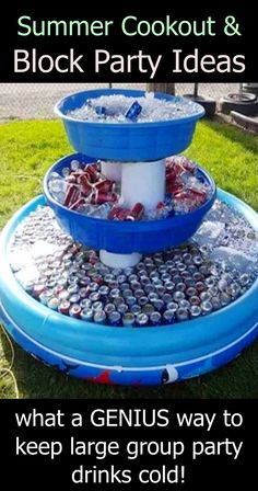 an inflatable water fountain made out of soda cans is shown with the caption saying, such a genius cooler for a party yay or nay?