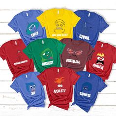 Celebrate your love for the Inside Out characters with our Inside Out Group Matching Shirt! Perfect for family gatherings, parties, or themed events, these shirts are designed to bring everyone together. Whether you're dressing up as Joy, Sadness, Anger, Disgust, or Fear, our Inside Out characters costume shirts are a great choice for an Inside Out 2 family party. Made from soft, high-quality material, they are comfortable for all-day wear. These matching shirts also make a thoughtful Inside Out Inside Out Party, Inside Out Costume, Inside Out Characters, Group Matching, Inside Out 2, Costume Shirts, Family Parties, Branded Shirts, Character Costumes