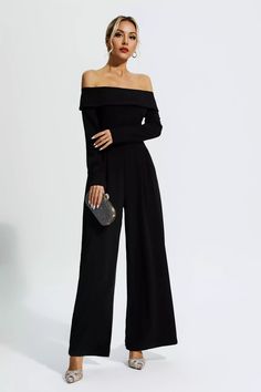 Drape Jumpsuit, Cassidy Black, Theater Script, Black Jumpsuit Outfit, Off The Shoulder Jumpsuit, Jumpsuit For Wedding Guest, Glitter Wedding Dress, Gowns Dresses Elegant, Off Shoulder Jumpsuit