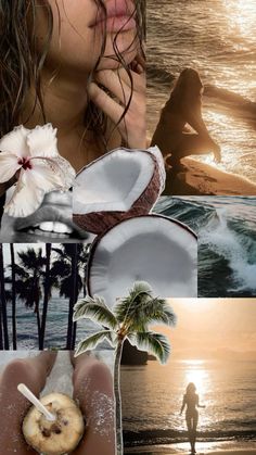 a collage of photos with a woman on the beach and palm trees in the background