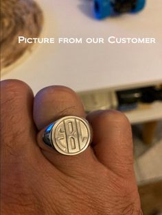 This a custom Signet Ring with your own Initials Monogram engraved! Solid 925 Sterling Silver with time-honored manufacturing techniques, and world-class craftsmanship. We can do Sterling silver (original tone), 18K Gold plated or 18K Rose Gold plated. We can do 2-3 letters block Monogram. 3D hand Engraving technique is done for perfection. All rings are made to order, starting from raw material to artwork and crafting. Please allow time to finish. Your patience is rewarded. This Signet ring is Classic Anniversary Jewelry With Engraved Logo, Luxury Silver Jewelry With Engraved Logo, Classic Engraved Ring With Logo, Classic Engraved Ring With Logo For Anniversary, Classic Silver Engraved Logo Ring, Classic Engraved Logo Ring, Luxury Engraved Logo Jewelry For Gift, Silver Rings With Engraved Logo For Anniversary, Anniversary Silver Engraved Ring