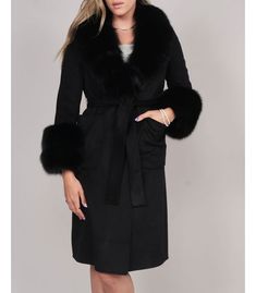 Wool Wrap Coat with Fox Fur Collar: Fursource.com Black Wool Coat For Formal Fall Occasions, Fitted Black Wool Coat For Evening, Formal Black Wool Coat For Fall, Wool Coat For Evening Wear In Fall, Chic Black Wool Coat For Office, Chic Black Wool Coat For Formal Occasions, Chic Black Wool Office Coat, Black Evening Wool Long Coat, Chic Black Wool Pea Coat