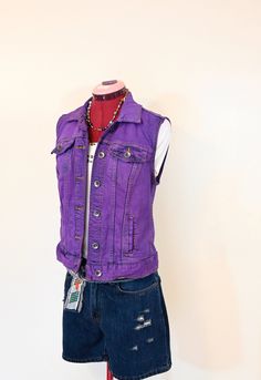 Grunge Cotton Denim Vest With Pockets, Festival Cotton Denim Vest With Pockets, Fitted Cotton Grunge Vest, Fitted Cotton Vest With Washed Detail, Fitted Washed Cotton Vest, Fitted Cotton Vest In Washed Style, Acid Washed Cotton Denim Vest, Fitted Distressed Cotton Vest, Fitted Casual Purple Vest