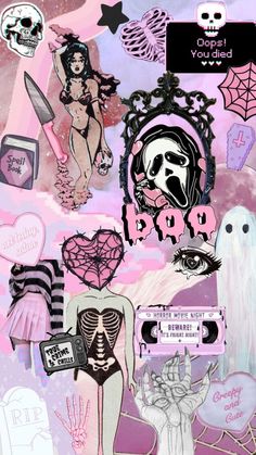 a collage of various stickers on a pink and purple background with black accents