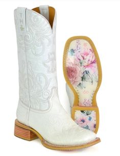 Women's Tin Haul White Wedding Western Boot 13" Hand Tooled Vamp Leather Lining Square Toe Double Welt Comfort Cushion Support System Do Transparent Obvious Outsole 1 3/8" Walking Heel White Round Toe Boots For Wedding, White Closed Toe Wedding Boots, Fitted Snip Toe Wedding Boots, White Round Toe Wedding Boots, White Western Boots With Low Heel, Wedding Boots Square Tow, Elegant White Wedding Boots, White Leather Boots For Western-themed Events, White Western Style Mid-calf Boots For Western-themed Events