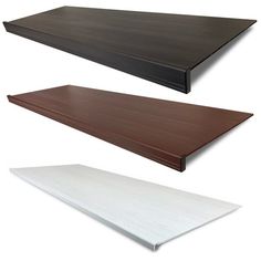 three different types of wooden shelves with white and brown woodgrain on top, one is