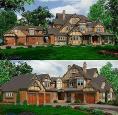 two views of the front and back side of a large house with lots of windows