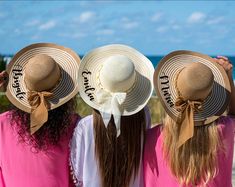 For you as a bride or for your whole squad, wear a hat that shares with the world this happy life event! A custom hat with printing for a bachelorette party is the best accessory for a customized swimsuit or a beach cover up.☆☆☆Customized BEACH HAT☆☆☆Perfect for Bachelorette, Birthday, Beach Parties and ANY EVENTS! Colors: Ivory, Black, Coffee Our beach hats are customized with Heat Press Glitter! We can print titles, names and ANY TEXT on the hats. Please note us in message box your Custom Text White Adjustable Hat For Bachelorette Party, Summer Hats For Bachelorette Party, Personalized Curved Brim Hat For Beach, Personalized Curved Brim Hats For The Beach, Personalized Curved Brim Beach Hat, Personalized White Beach Hat, Customizable Adjustable Beach Hats, Customizable White Beach Hats, Personalized Summer Hats With Curved Brim