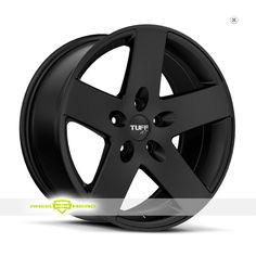 a black wheel on a white background with the words tuff written in blue letters