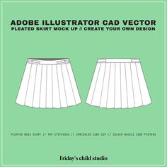 Product Information: Editable/downloadable Adobe Illustrator (AI) file - basic AI skills needed for editing vectors. A quick and easy way of mocking up your own designs and using as part of factor specs / tech packs Women's Pleated Mini Skirt CAD drawings/vector. This CAD/vector is made up of different pieces/elements making it easily editable to your designs - Add your own colour palette / branding / design elements. This AI vector file was create on Illustrator 2020 (version 26.5) compatible w School Uniform Skirts, Flat Sketches, Illustration Fashion Design, Cad Drawing, Flat Illustration, Technical Drawing, Pleated Mini Skirt, Design Sketch, Fashion Drawing