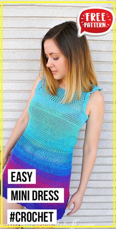 a woman wearing a blue and purple crochet top with text overlay that reads easy mini dress crochet