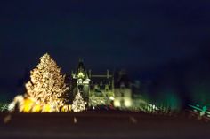 a lit up christmas tree in front of a castle