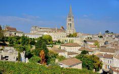 the city is surrounded by old buildings and tall spires with trees on each side