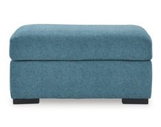 a blue ottoman with black legs on a white background