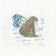 a drawing of a seal with a butterfly on it's back and its wings spread out