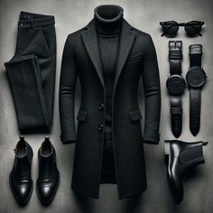 an assortment of men's clothing and accessories arranged on a gray surface with sunglasses