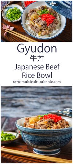 Gyudon (Japanese Beef Rice Bowl) topped with sliced green onions and pickled ginger. Asian Pork Recipes, Beef Rice, Asian Pork, Beef Bowls, Fast Foods, Beef And Rice, Japanese Dishes