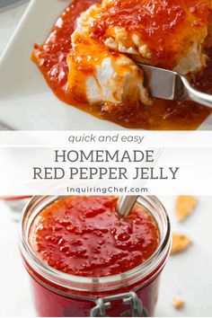 homemade red pepper jelly in a glass jar with a spoon sticking out of it and the text overlay reads quick and easy homemade red pepper jelly