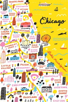 an illustrated map of chicago, illinois with the names and cities on it's yellow background