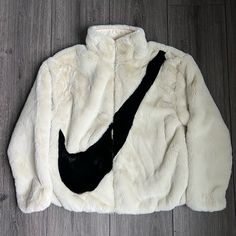 Brand New With Tags Attached! Nike Fur Jacket, Nike Cozy Winter Outerwear, Nike Winter White Outerwear For Fall, Nike Outerwear With Fleece Lining For Fall, Casual Fur Coat For Streetwear, Casual Long Sleeve Fur Coat For Streetwear, Fleece Moto Jacket, Nike Fleece Jacket, Insulated Jacket Women