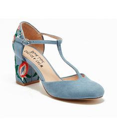 Chelsea Crew Sky Blue T-Strap Embroidered Frenchie Heels - Unique Vintage - Womens, SHOES, HEELS Colorful Wedding Shoes Comfortable, Cool Wedding Shoes, Blue Shoes Heels, Colorful Wedding Shoes, Embroidered Heels, Blue Wedding Shoes, Floral Heels, Rose Embroidery, Wildflower Wedding