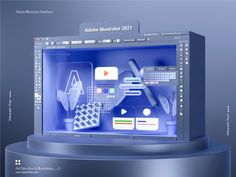 an image of a blue display with icons on the front and back sides for adobe illustration 2013