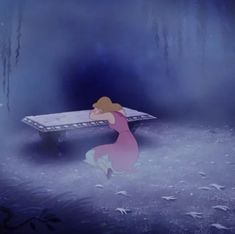 an animated image of a woman sitting on a bench in the middle of a forest