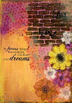 a painting with flowers and words on the bottom, above it is a brick wall