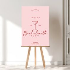 a pink sign with the words bachelor party on it in front of an open door