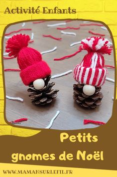 two knitted pine cones with red and white pom - poms on them