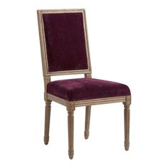 a chair that is upholstered with purple fabric on the seat and back side