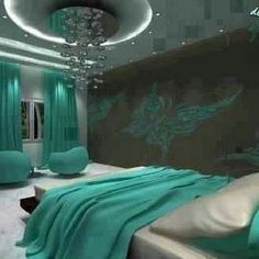 this is a bedroom with turquoise and white decor on the walls, bedding and curtains