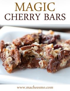 a close up of a plate of food with chocolate and nuts on it, next to the words magic cherry bars