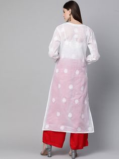 Anarkali Kurta With Cutwork And Long Sleeves, Anarkali Kurta With Long Sleeves And Cutwork, Anarkali Long Sleeve Kurta With Cutwork, Cotton Cutwork Straight Kurta, Long Kurta With Floral Embroidery For Diwali, Traditional White Kurta Tunic, Diwali Long Kurta With Floral Embroidery, White Bohemian Self Design Kurta, Bohemian Long Sleeve Kurta With Cutwork