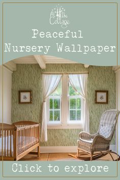 a baby's room with green wallpaper and a rocking chair