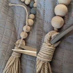 a pair of scissor and beads on a bed with the string tied up