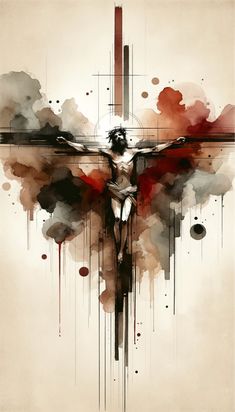 a painting of a cross with red and black paint splattered on it's sides