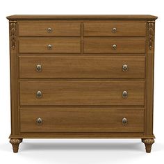 the chest of drawers is made out of wood and has metal knobs on each drawer