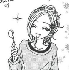 a drawing of a girl holding a spoon in her hand with snowflakes on the background